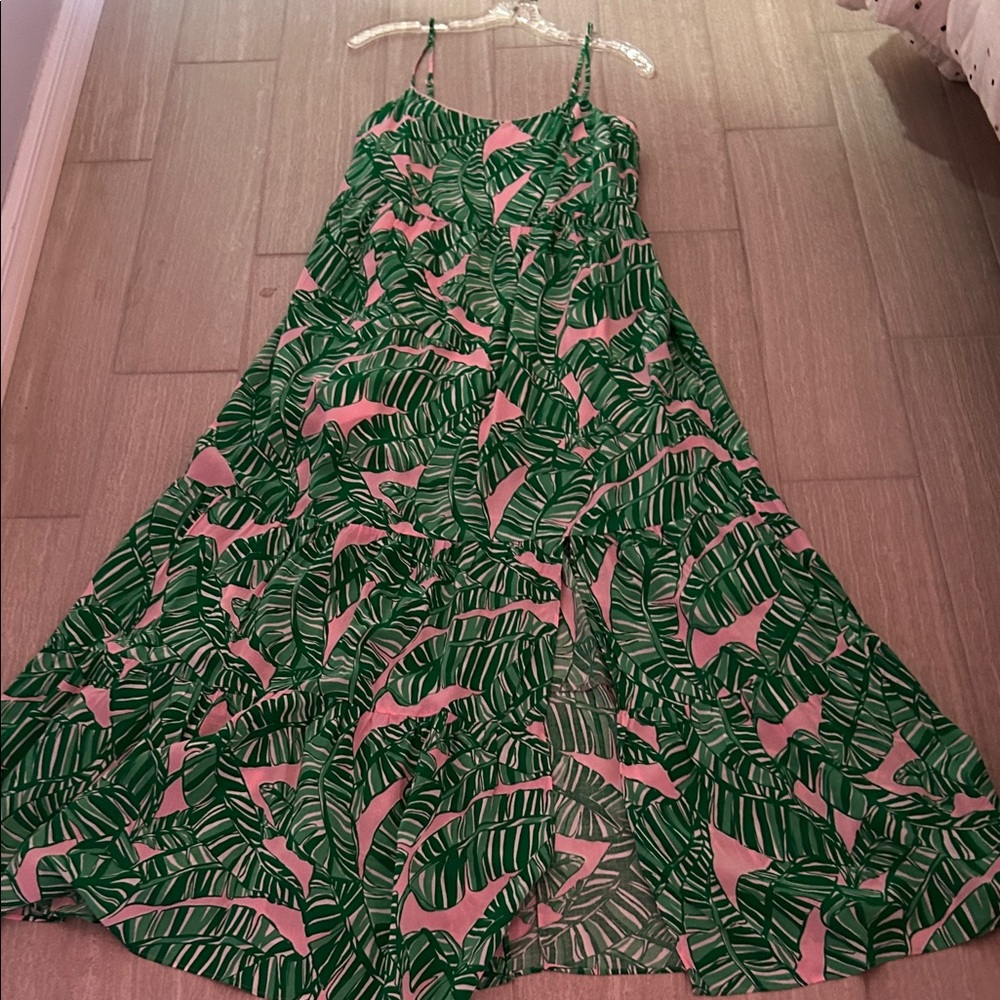 Lilly Pulitzer Green Leaf Print Maxi Dress with Pink Accents - Picture 2 of 3